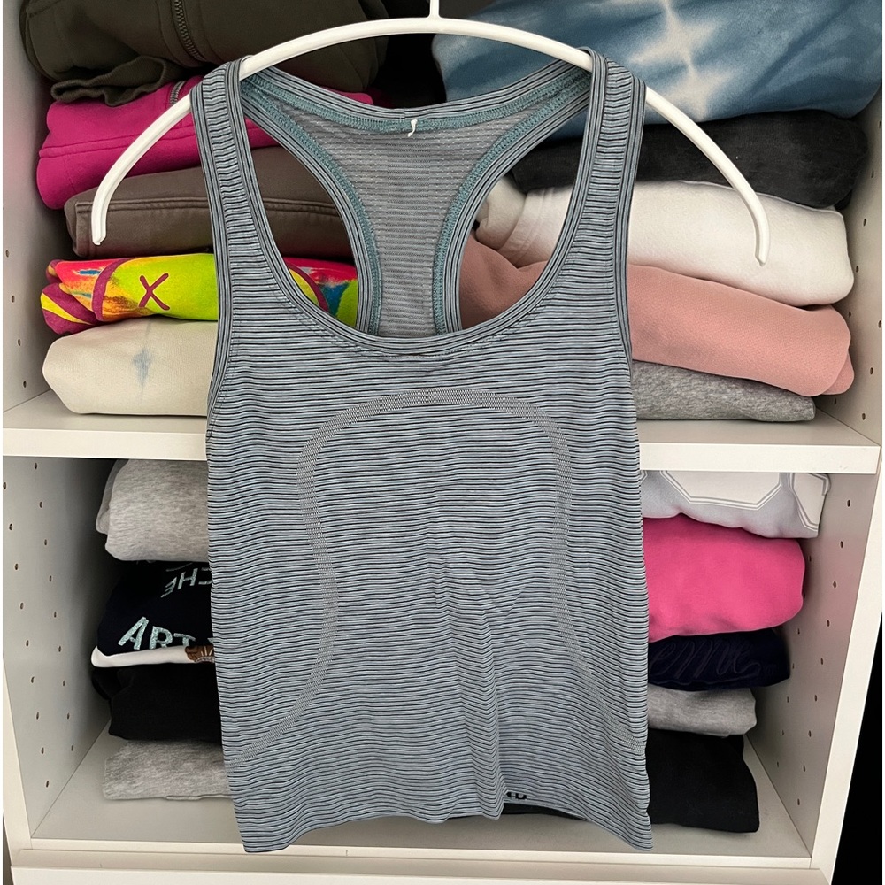 Lululemon cropped swiftly tank, blue, white, black stripped